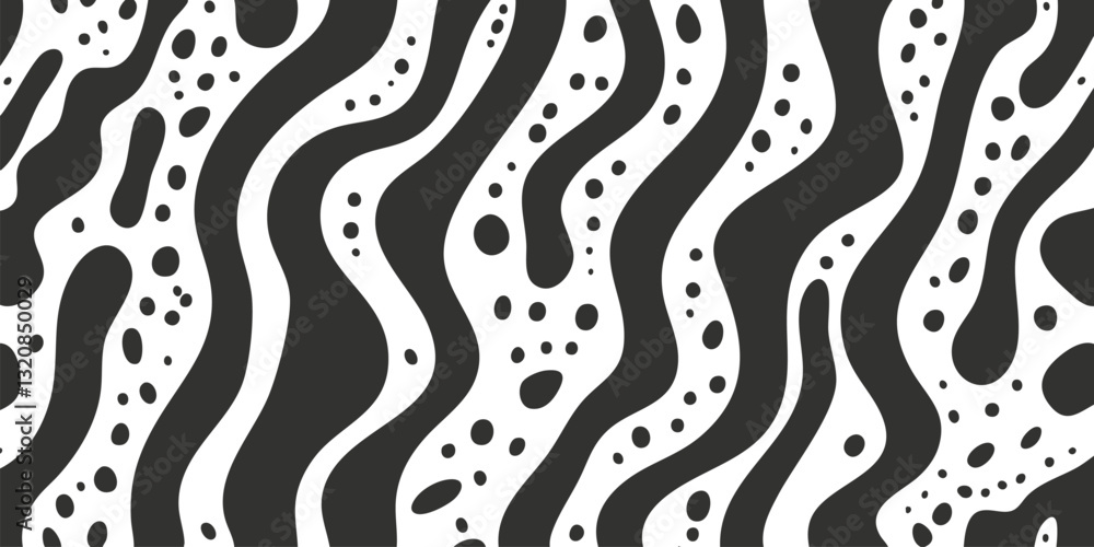 Poster abstract black and white wave pattern with dots and lines design.