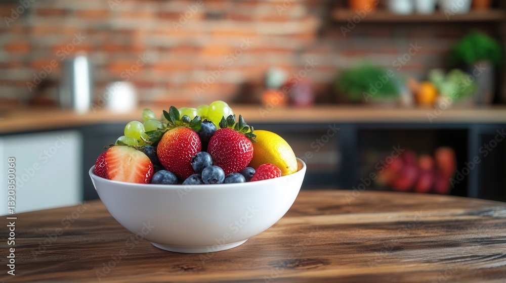 Poster fresh fruit bowl arranged on wooden table in rustic kitchen setting with brick walls featuring vibra