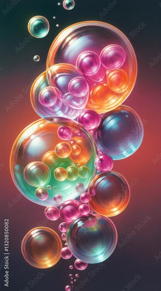 Poster vibrant colorful soap bubbles with reflective surfaces on a dark gradient background
