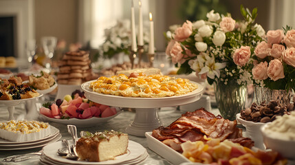 A traditional Easter brunch filled with a variety of dishes such as scrambled eggs, bacon, fresh fruits, pastries, and salads, all displayed on a table adorned with spring flowers, pastel decorations,