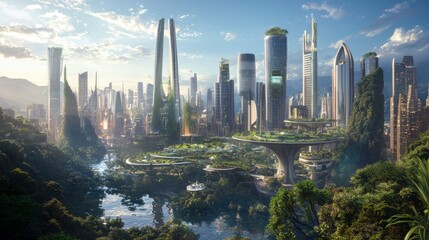 A 3D illustration of a futuristic city showcases high-rise buildings with vegetation-covered terraces, perfect for use as backgrounds in environmental architecture
