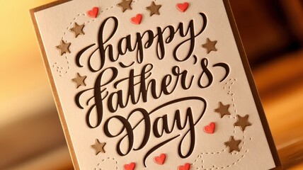 A heartfelt Happy Father's Day card with elegant calligraphy, adorned with stars and hearts. A perfect gift for Dad!