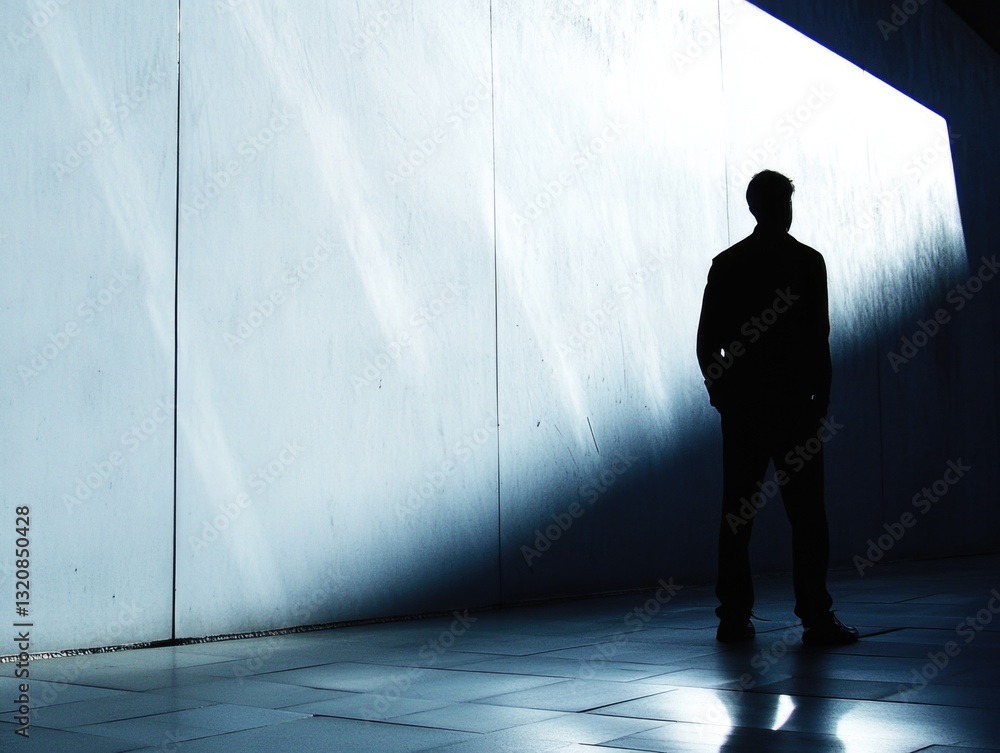 Poster a silhouette of a man standing against a wall, ideal for use as a placeholder or to add depth to a c