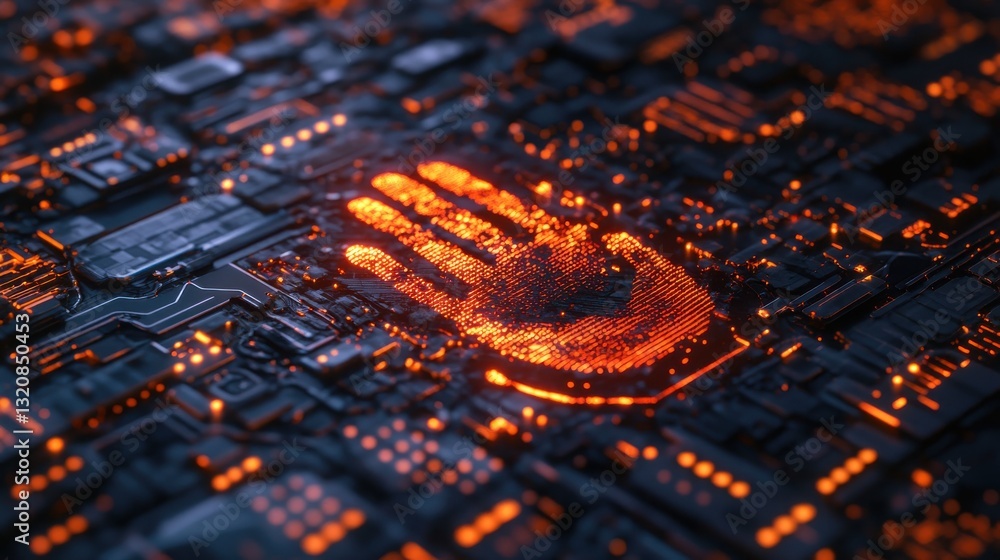 Poster futuristic handprint on circuit board representing biometric security and digital authentication tec
