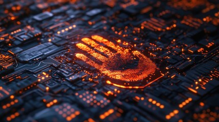 Futuristic Handprint on Circuit Board Representing Biometric Security and Digital Authentication Technology Concepts