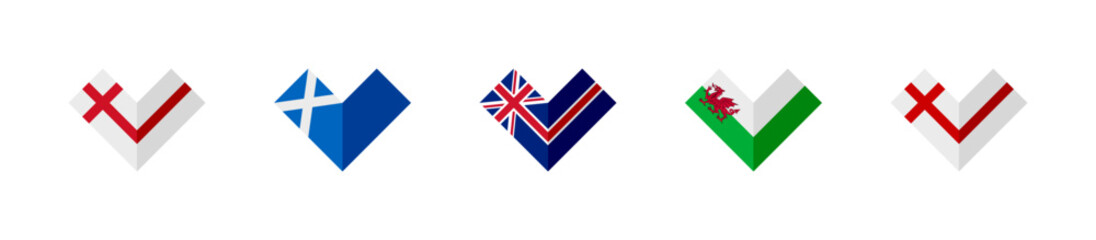 friendship concept. heart shaped icons of england, scotland, united kingdom, wales and northern ireland flags. vector illustration isolated on white background