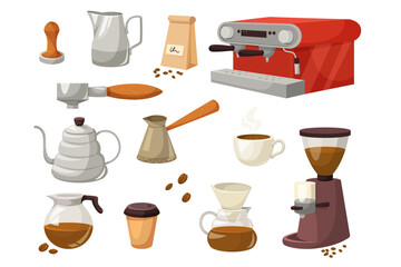 Set of coffee brewing equipment including espresso machine, grinder, cups, and beans on white background. Concept of coffee preparation. Vector illustration