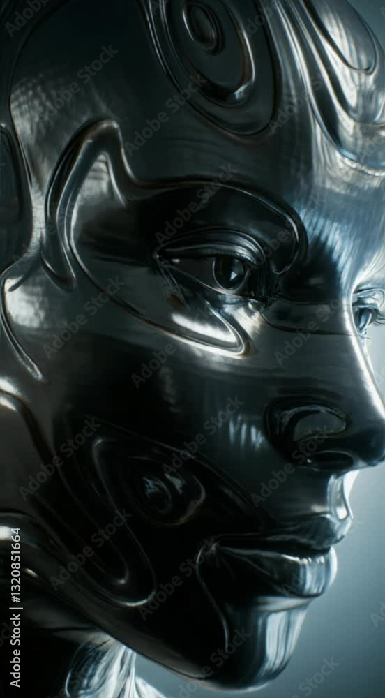 Poster futuristic metallic human face with abstract swirling patterns and reflective surface in a sci-fi co