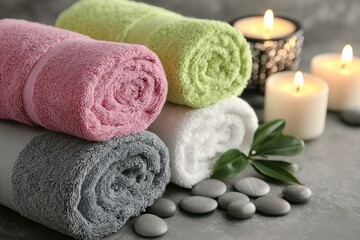 Closeup of spa stones arranged in a beautiful composition on a grey marble table