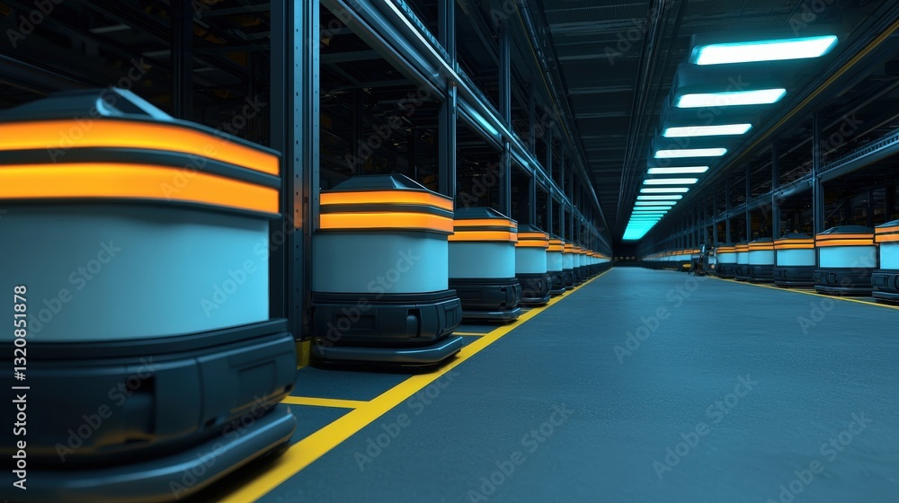 Poster impact global growth trade concept. automated robots in a futuristic warehouse setting with glowing 