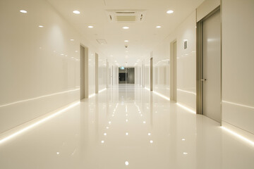 Minimalist white hallway with soft recessed lighting, providing depth and a modern aesthetic.