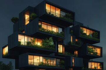 This sublime stock image features an eco-friendly green building that boasts a vertical garden design, promoting sustainability