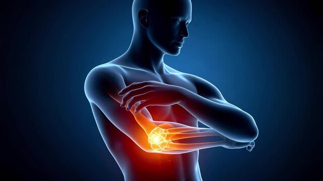 Medical figure depicting of right elbow pain with red highlights marked the inflammation or inflamed joint, bone scan model 3D rendering graphic for Gout analysis
