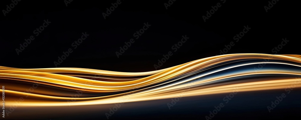 Poster Dramatic nighttime abstract background concept. Abstract flowing lines in golden tones on a dark background, creating a dynamic effect.