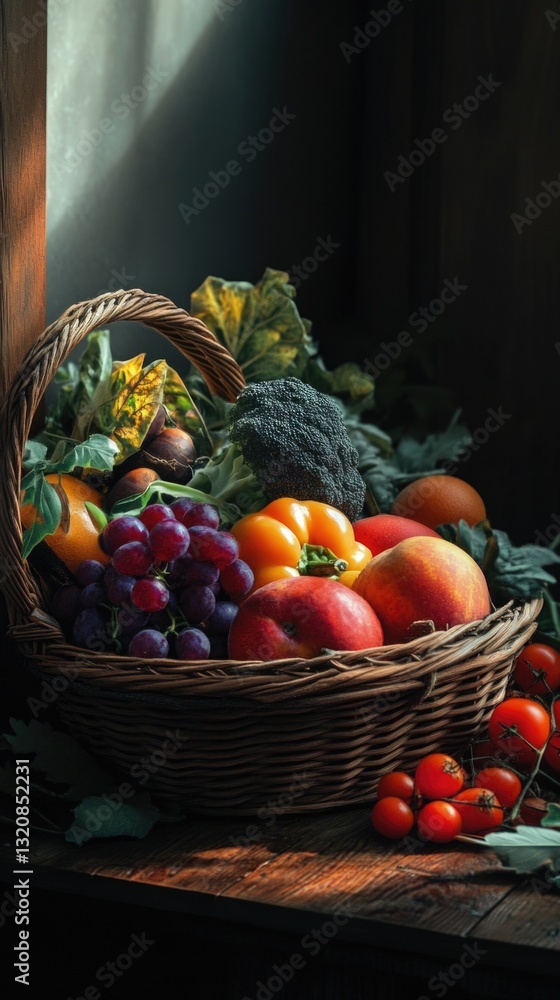Poster a colorful assortment of fruits and vegetables arranged on a table