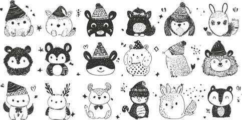 Hand-drawn cute animal doodles in black and white with winter hats.