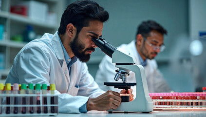 Indian Male Hematologist Analyzing Blood Samples in a Laboratory Setting Focused on Blood Health and Diagnostic Research