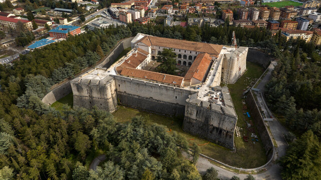 Aerial view of the Spanish Fort of L'Aquila, Abruzzo, central Italy. The Spanish Fort is a medieval and quadrangular castle.