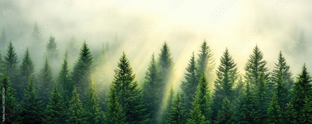 Poster aerial landscape abstract background idea. lush green forest shrouded in mist, illuminated by soft s