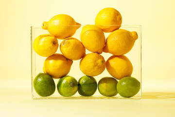 Lemons and limes in transparent glass vase against yellow background