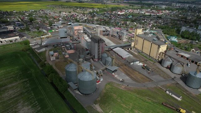 Top View. Mill plant. Grain production enterprise, Belarus. Near the city