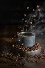 Aromatic coffee beans cascading into steaming brew, surrounding ceramic cup on rustic plate,...