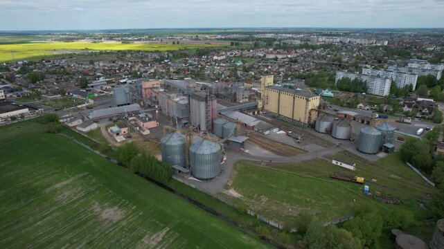 Top View. Mill plant. Grain production enterprise, Belarus. Near the city