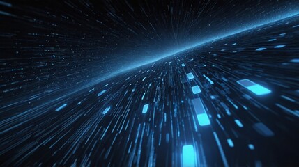 Fototapeta premium A Breathtaking Journey Through A Digital Cosmos, Shimmering With Electric Blue Streaks Of Light And Data Flowing Across A Dark Expanse