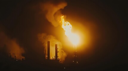 Fototapeta premium Oil refinery towers silhouetted against blazing night fire. Thick smoke and orange glow dominate the frame. Industrial risk and crisis intensity. For energy safety, news, and emergency visuals.