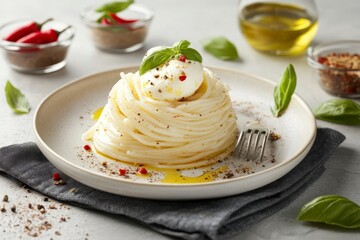 Serving of Spaghetti with Burrata and Basil on a Neutral Plate