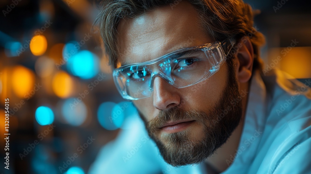 Poster an engineer wearing safety glasses concentrates on the complex processes of manufacturing steel and 