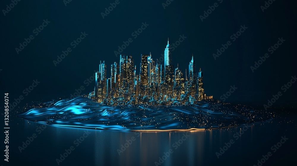 Poster an abstract futuristic background featuring a dark city building and light future technology concept