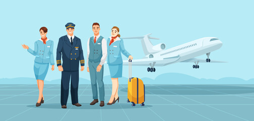 Airline crew, including pilots and flight attendants, standing at the airport terminal with a plane in the background. Aviation team concept. Vector illustration © GN.STUDIO