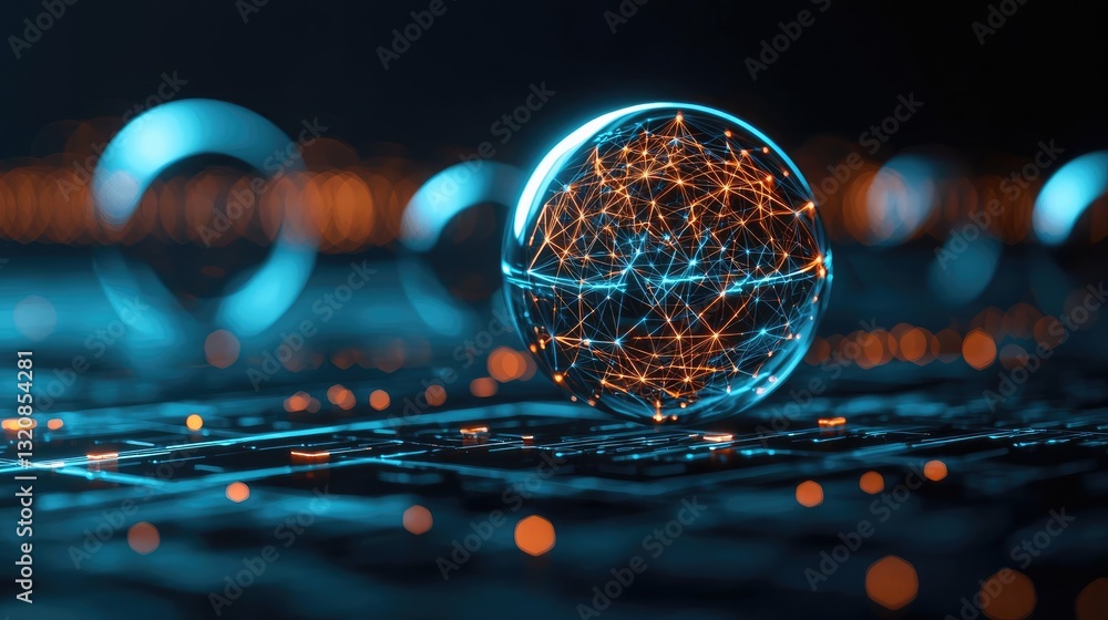 Poster aerial landscape abstract background idea. futuristic sphere with network connections and glowing do