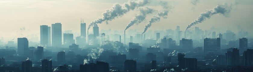 Obraz premium A cityscape enveloped in smog, highlighting the contrast between urban life and environmental challenges.