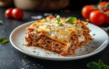 Delicious Homemade Lasagna on a Plate with Tomatoes and Basil