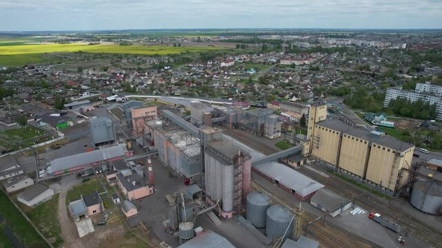 Top View. Mill plant. Grain production enterprise, Belarus. Near the city