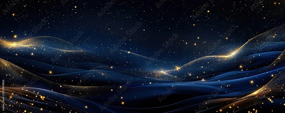 Poster Dramatic nighttime abstract background concept. Abstract blue and gold waves create a mesmerizing backdrop with sparkling stars.