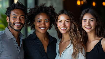 Fototapeta premium Diverse Multiracial Team in Office, Smiling Confident Individuals, Symbolizing Positivity and Unity
