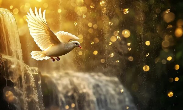 White Dove Flying With Waterfall Behind, With Light Illuminating From Above. Symbol of the Presence of the Holy Spirit