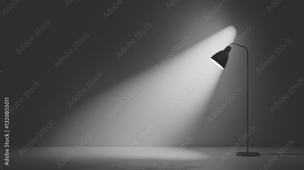 Poster a classic design floor lamp with a simple shape and clean lines, photographed in black and white