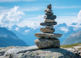 Rock Cairn Balancing on Mountain Top with Scenic Landscape View