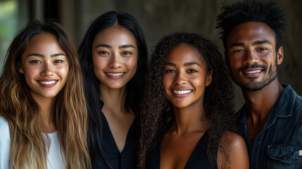 Fototapeta premium Diverse Multiracial Team in Office, Smiling Confident Individuals, Symbolizing Positivity and Unity