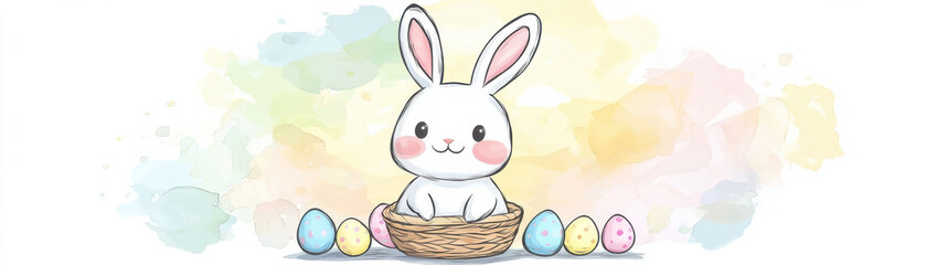 Watercolor Easter Bunny and Eggs, cheerful Easter bunny sitting in basket surrounded by colorful eggs on pastel watercolor background