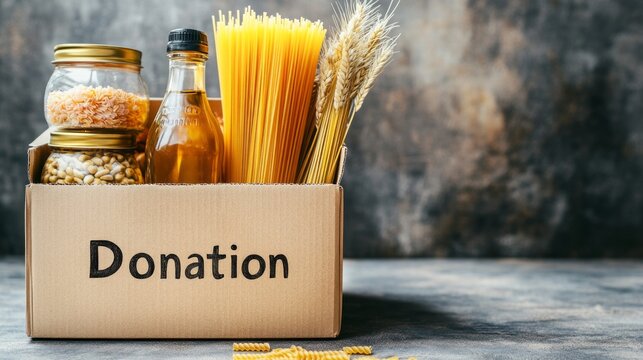 A beautifully arranged donation box holds various staple items, including pasta, grains, oil, and canned goods, reflecting the kindness of contributors in supporting local families