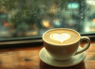 Obraz premium Coffee with Heart Latte Art by Window on a Rainy Day