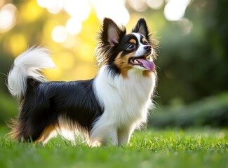 Happy Tricolor Papillon Dog Standing on Grass with Tongue Out Outdoors