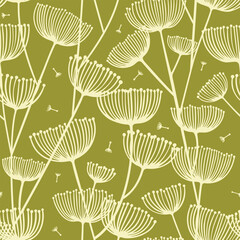 Materiał do szycia Seamless vector pattern with umbel flowers and flying seeds in green and white