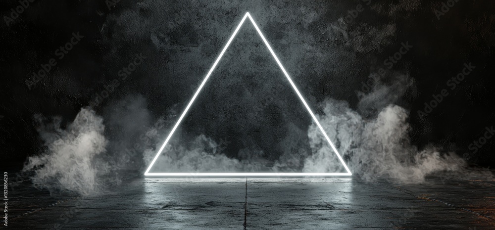 Poster a futuristic concrete floor room is illuminated by glowing white neon triangle lights, with reflecti