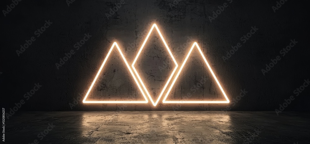 Poster glowing white neon tube lights in the shape of triangles are embedded in a concrete floor, reflectin